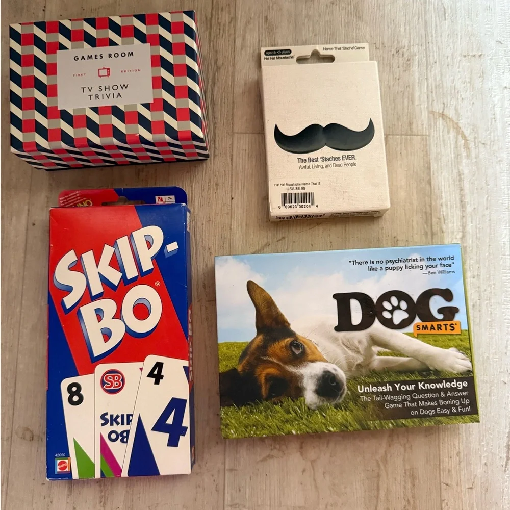 Lot of 8 family card games and trivia games Uno, Skip-Bo, Phase 10, Scrabble Sla